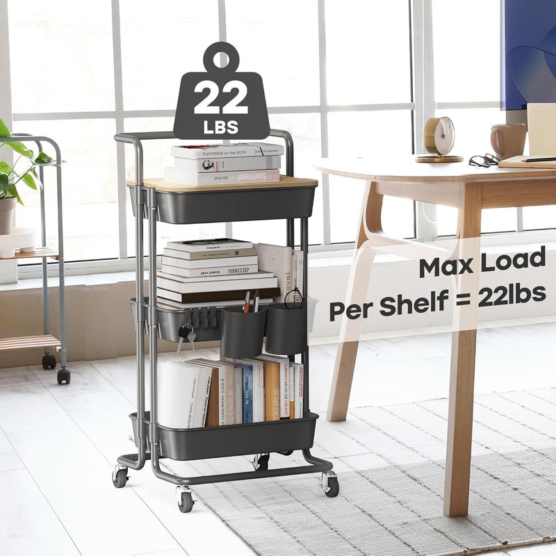 DTK 3 Tier Rolling Cart Uility Cart with Cover Board, Mobile Storage Cart with Wheels, Cups, Hooks for Office Utility Kitchen Bathroom Homeschool Art Craft Postpartum Teacher Cart Organizer(Black) - Image 5